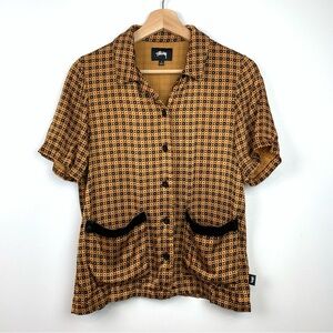 Stussy Blouse Button Down Short Sleeves Pockets Geometric Sz Small Brown Black